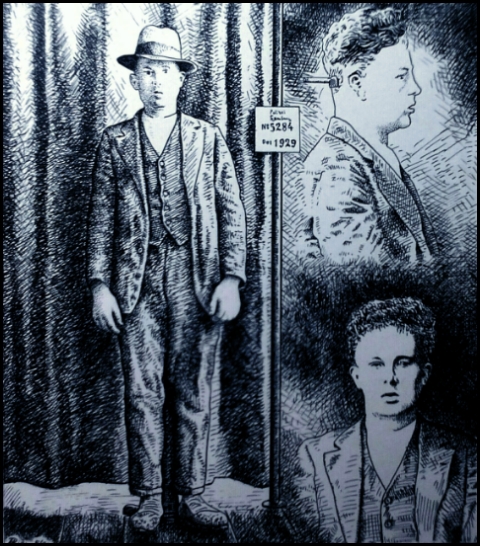 Raubmörder Wilhelm Müller auf Polizeifotos (Zeichnung: urian)